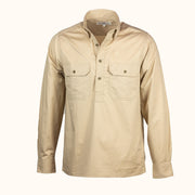 Beige long-sleeve shirt with two front pockets on a white background-front