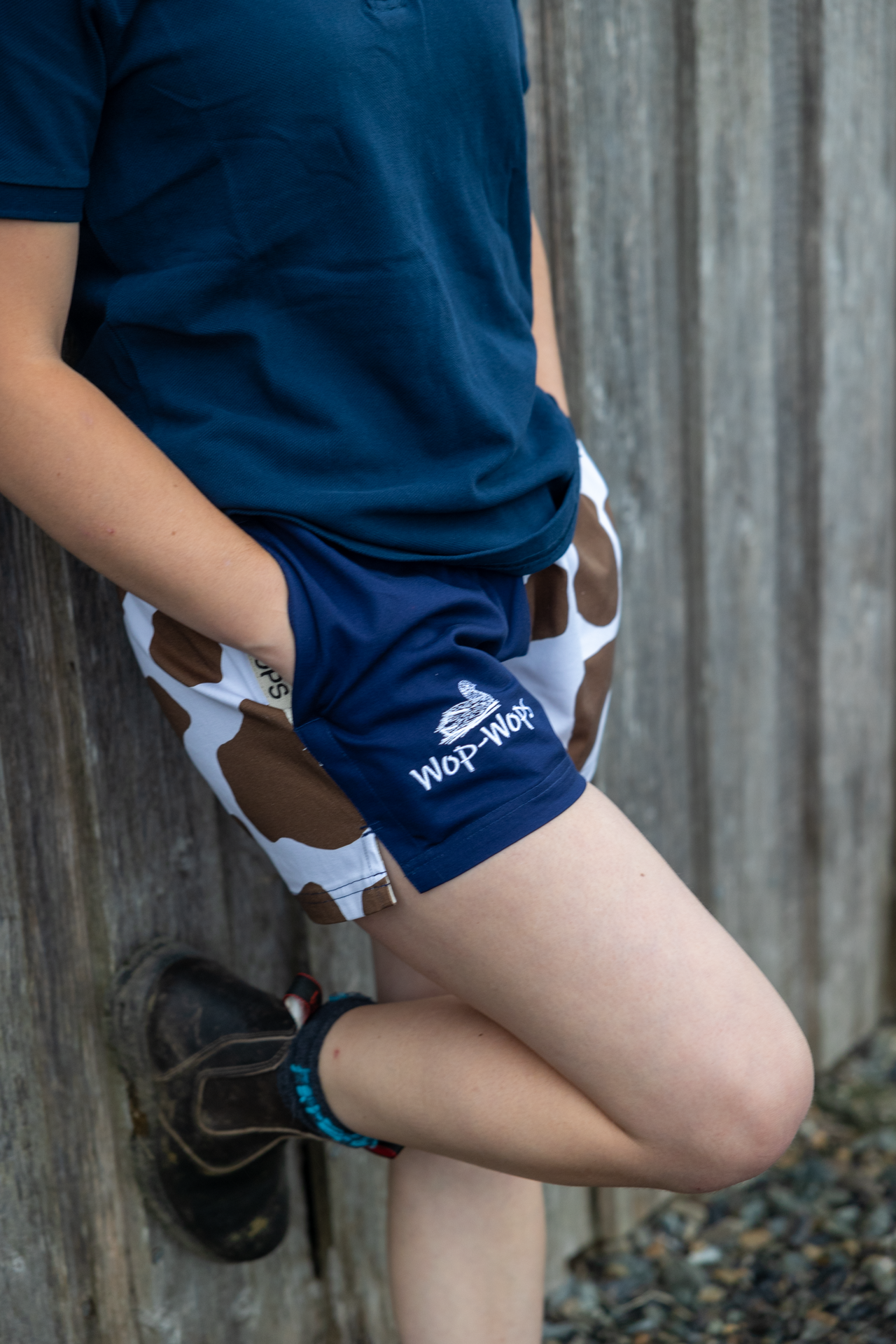 Cow Print Rugby Shorts (Brown/Navy)