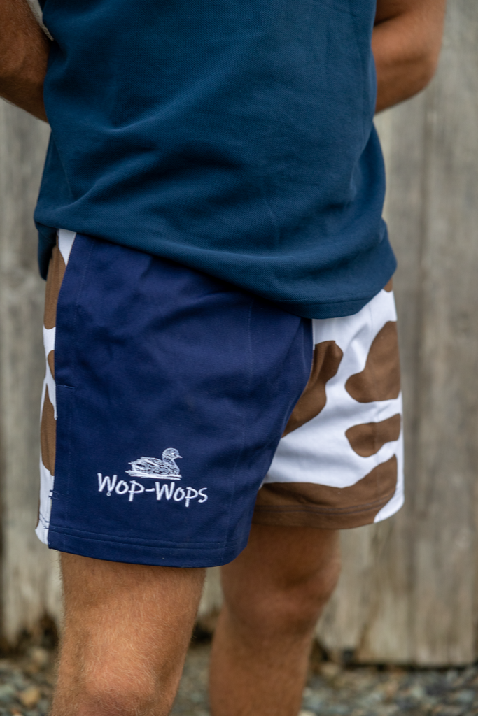 Cow Print Rugby Shorts (Brown/Navy)