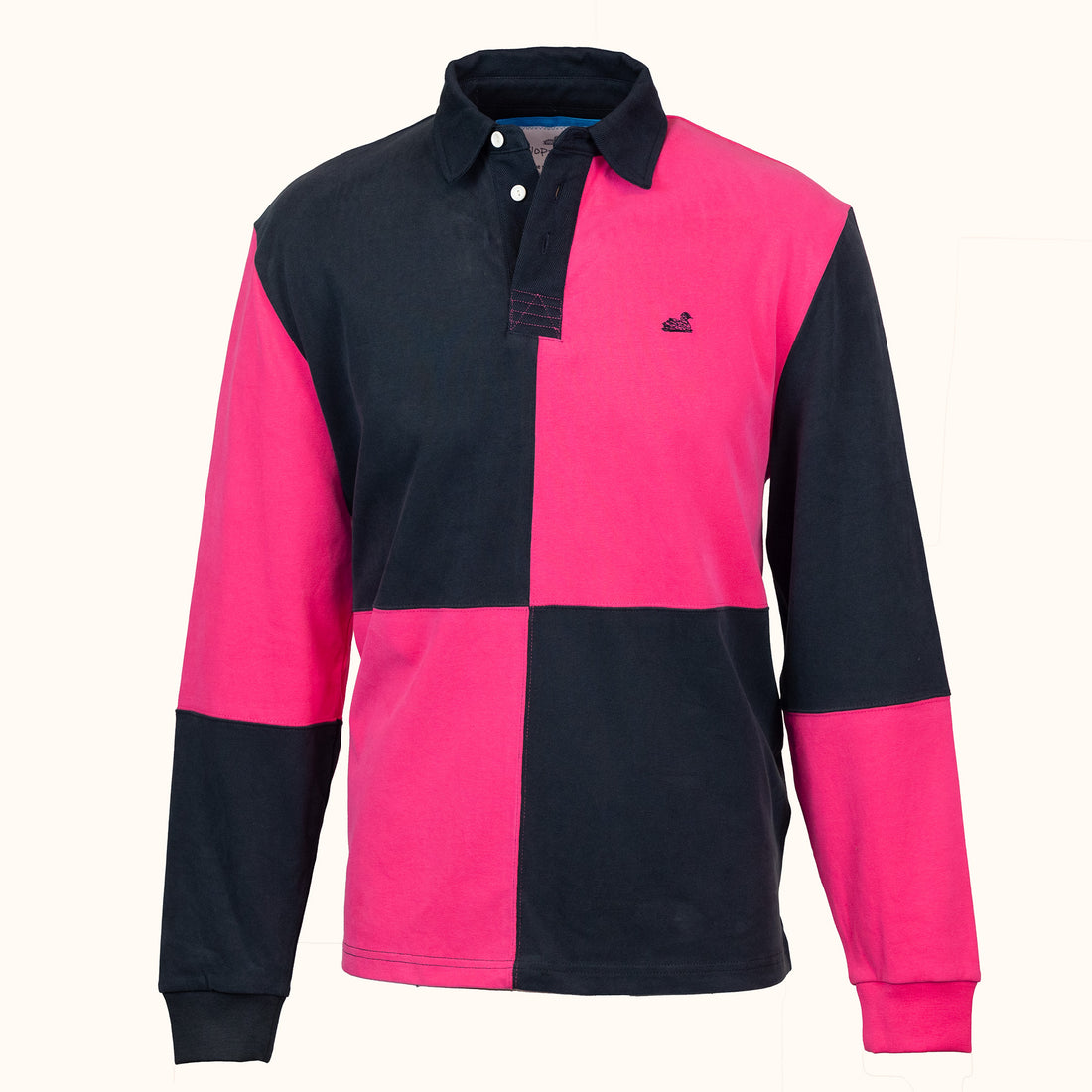 Long-sleeve shirt with pink and Navy Quarters pattern on a white background_Front