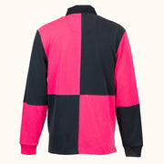 Navy and pink checkered rugby shirt on a white background-Back