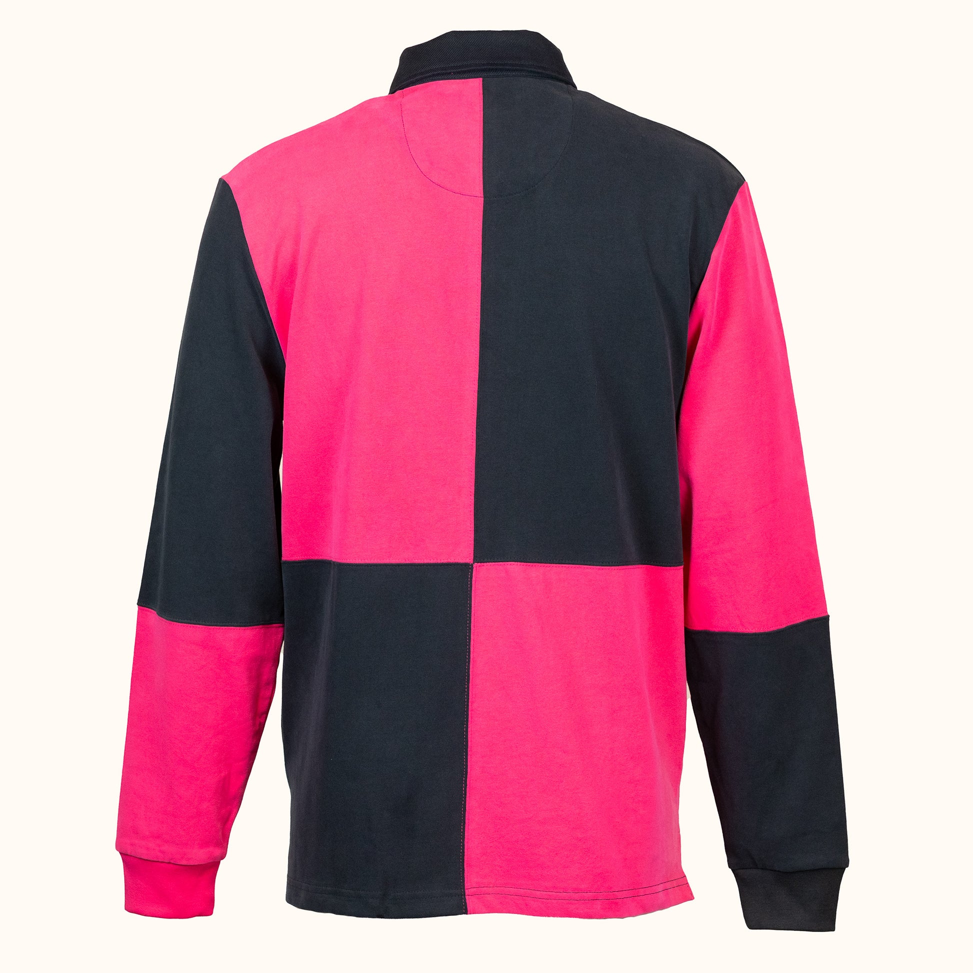 Navy and pink checkered rugby shirt on a white background-Back