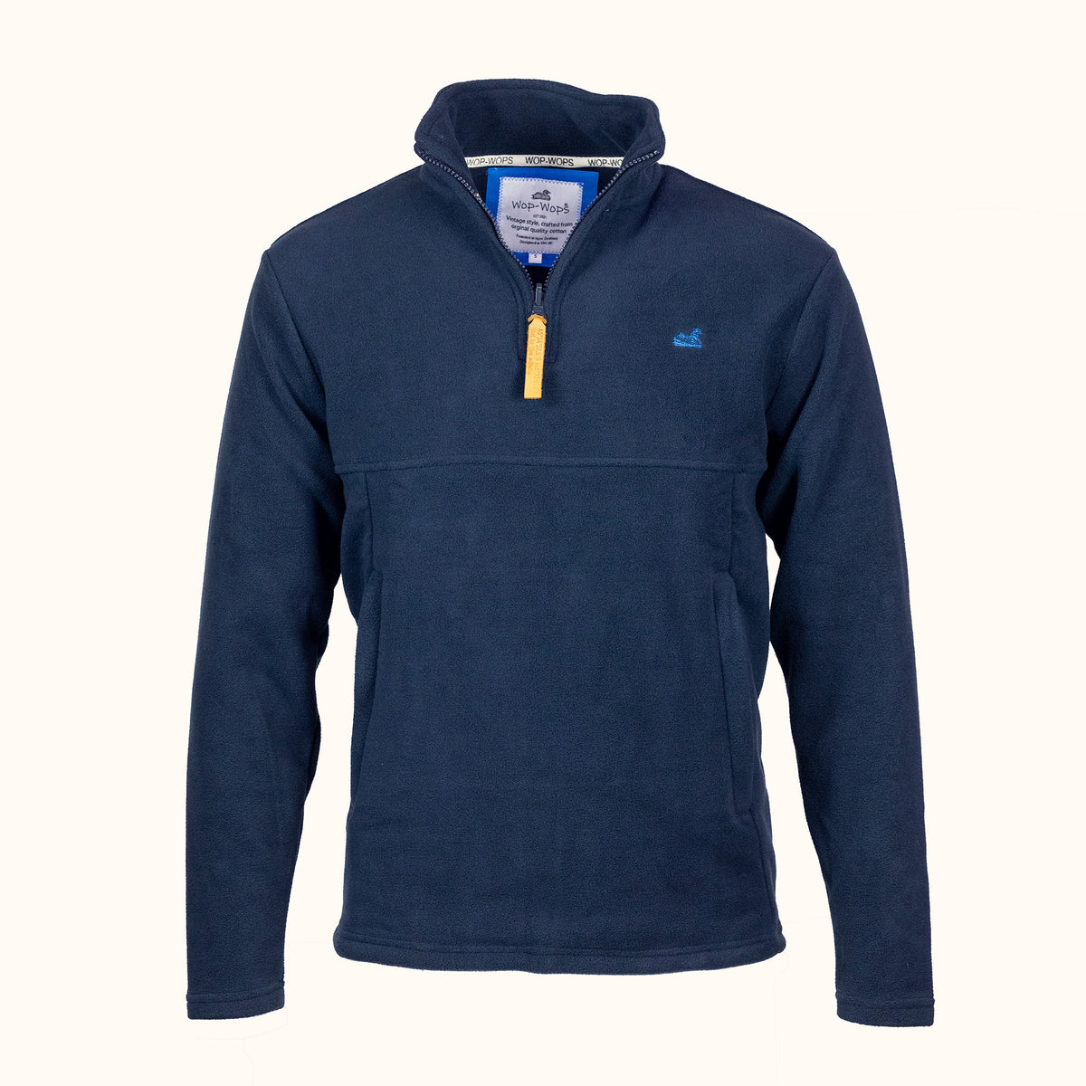 Navy pullover with a leather zipper on a white background
