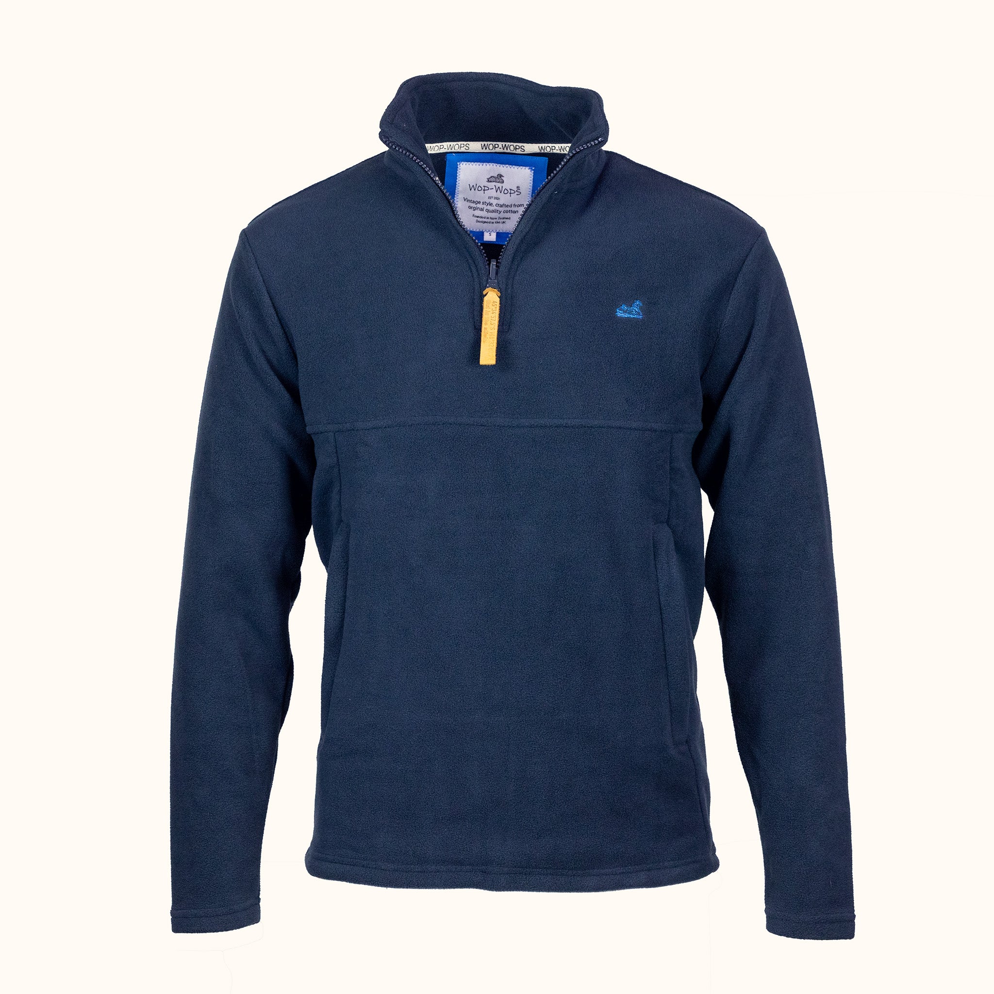 Navy pullover with a leather zipper on a white background