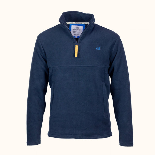 Navy pullover with a leather zipper on a white background
