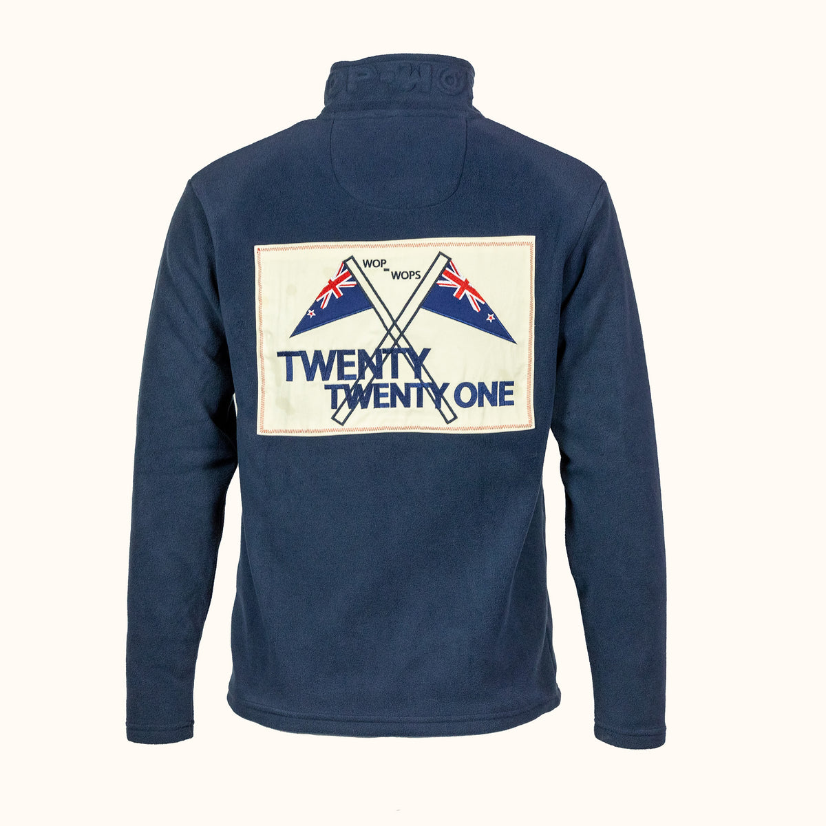 Navy blue fleece pullover with 'Twenty Twenty One' logo on the back against a white background