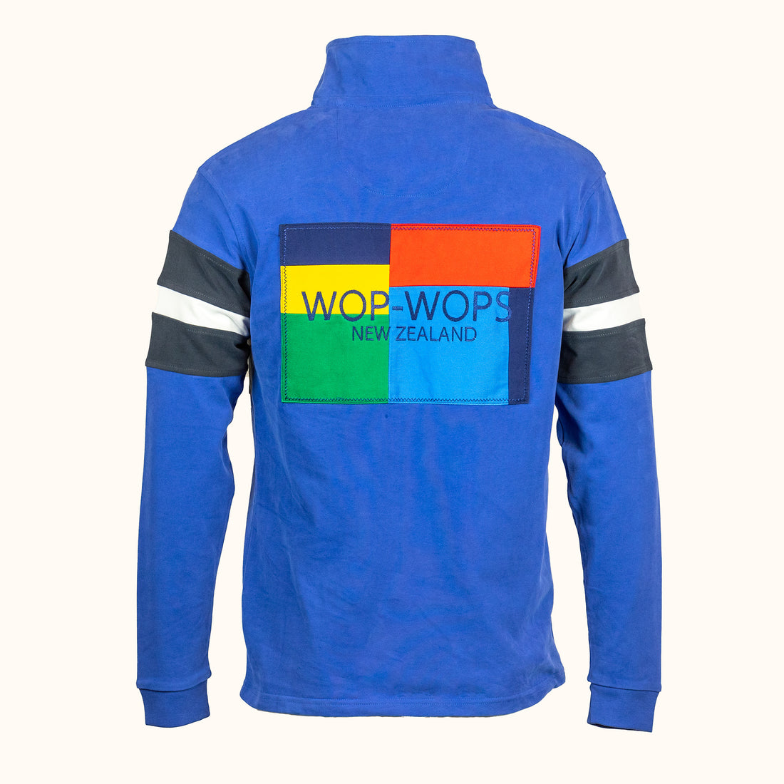 Blue quarter zip with colour-blocked design on a white background