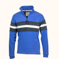 Blue quarter zip with colour-blocked design on a white background