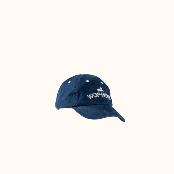 Blue cap with 'WOP-WOP' branding on a white background