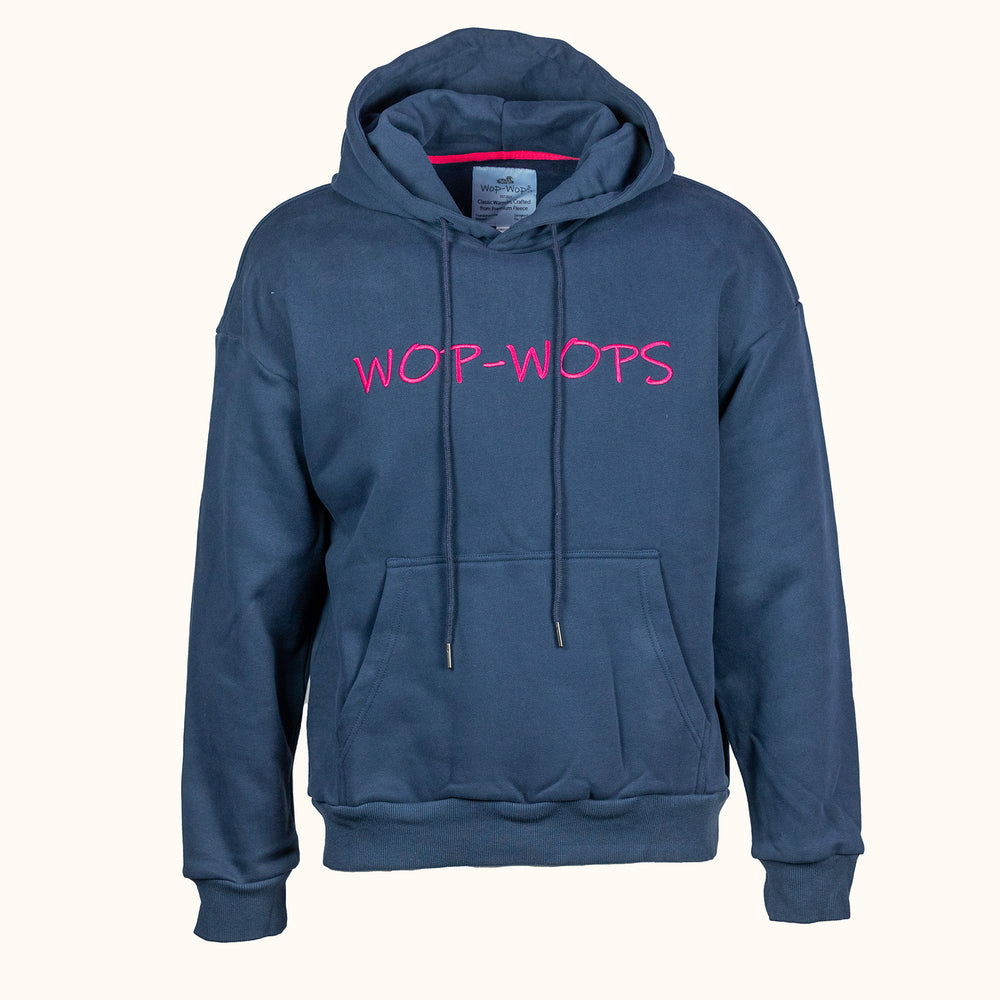 Blue hoodie with pink text 'WOP-WOPS' on a white background