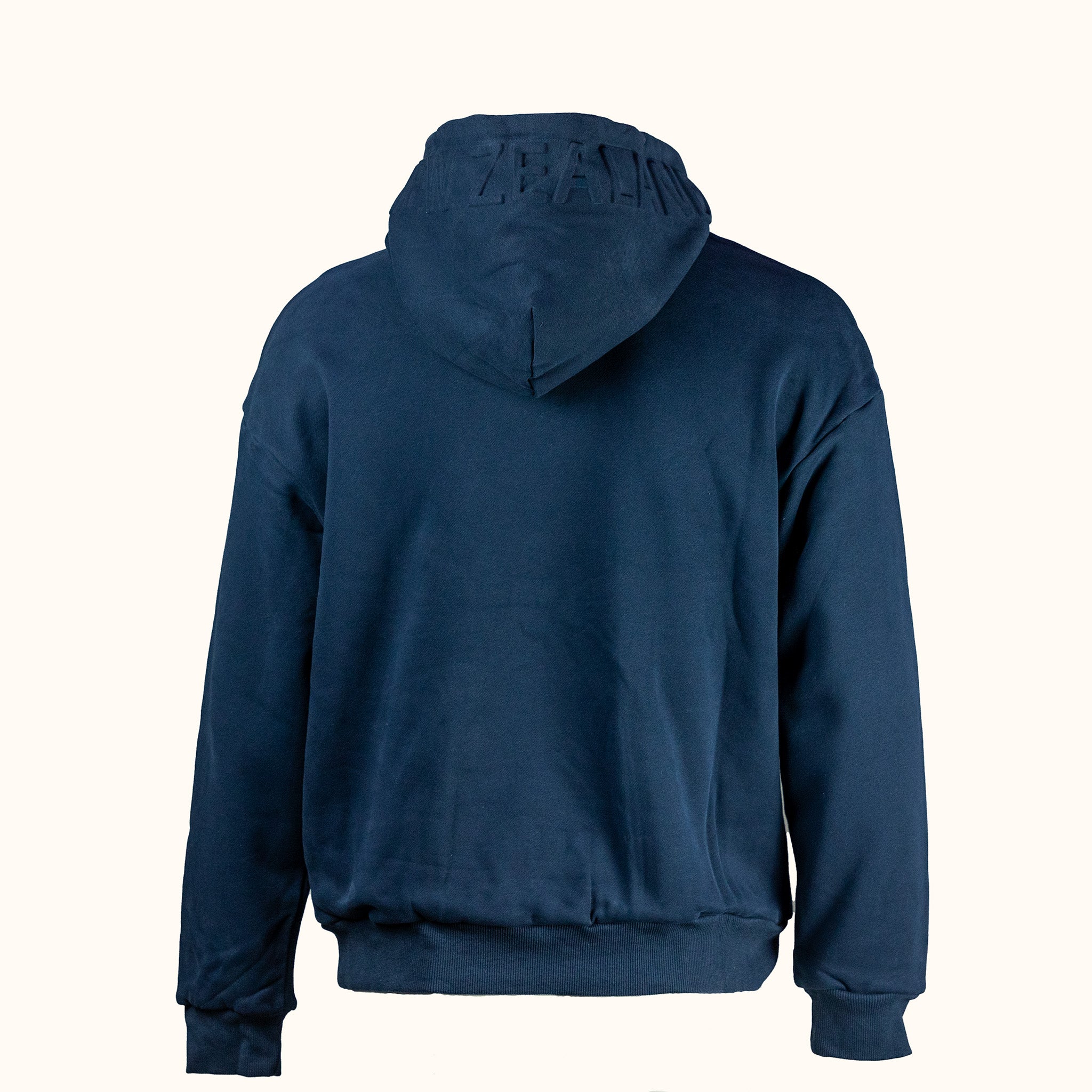 Blue hoodie with 'Zain' branding on the back against a white background