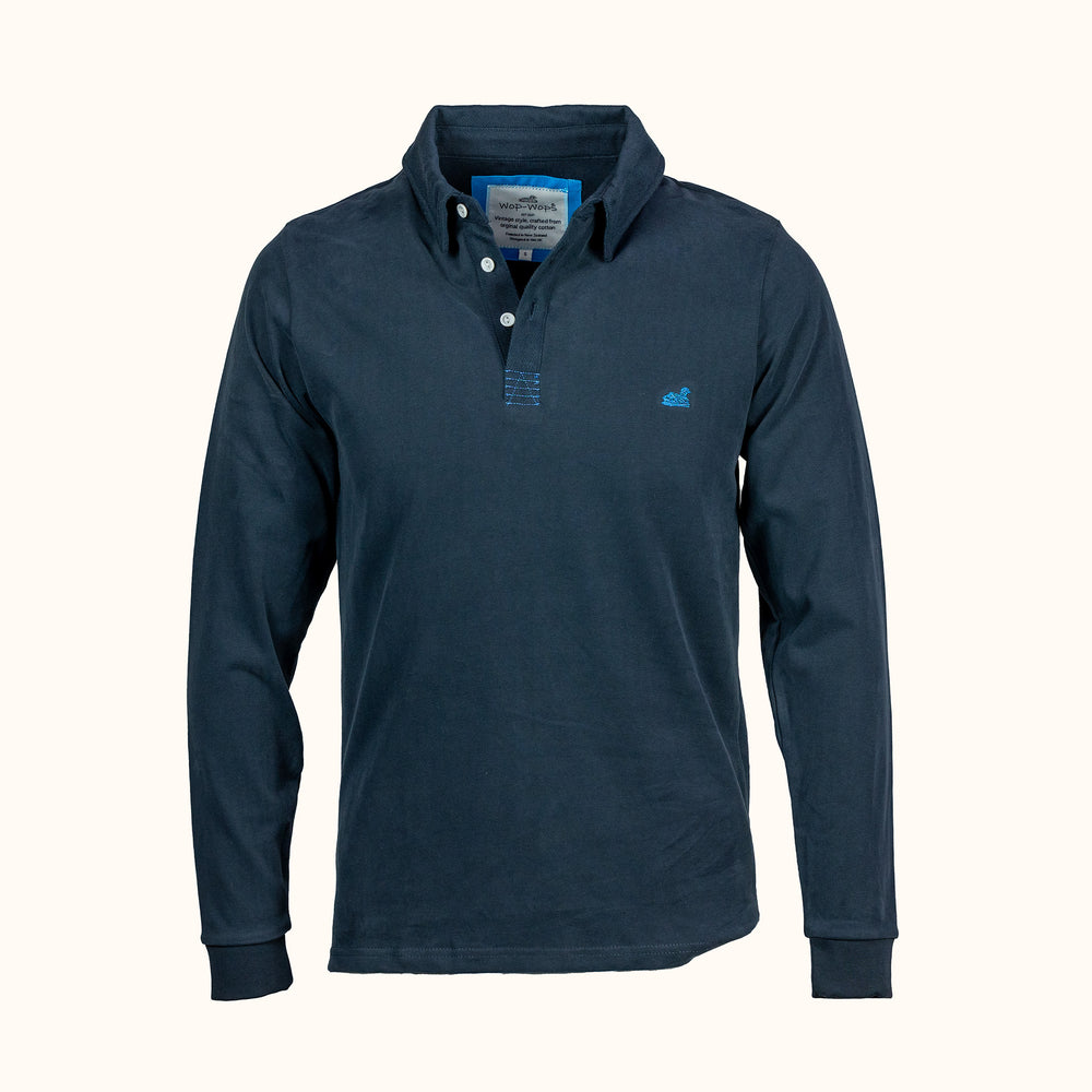 Navy long-sleeve Rugby shirt with brand logo on a white background