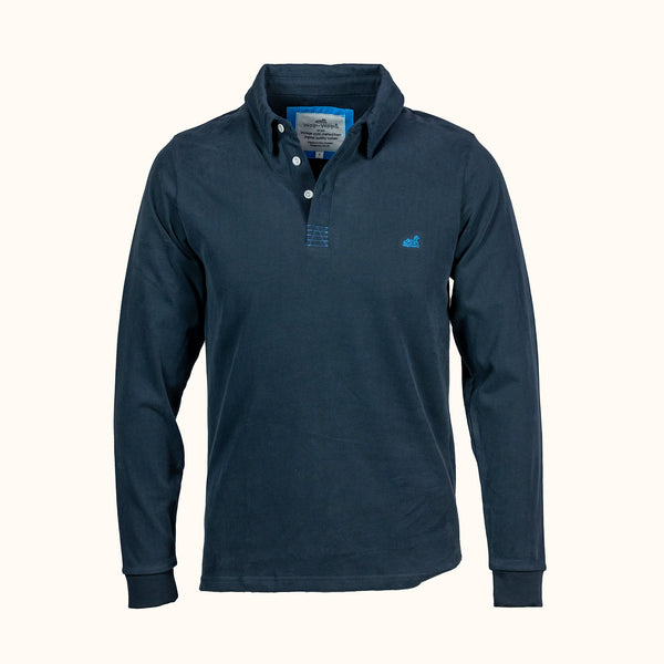 Navy long-sleeve Rugby shirt with brand logo on a white background