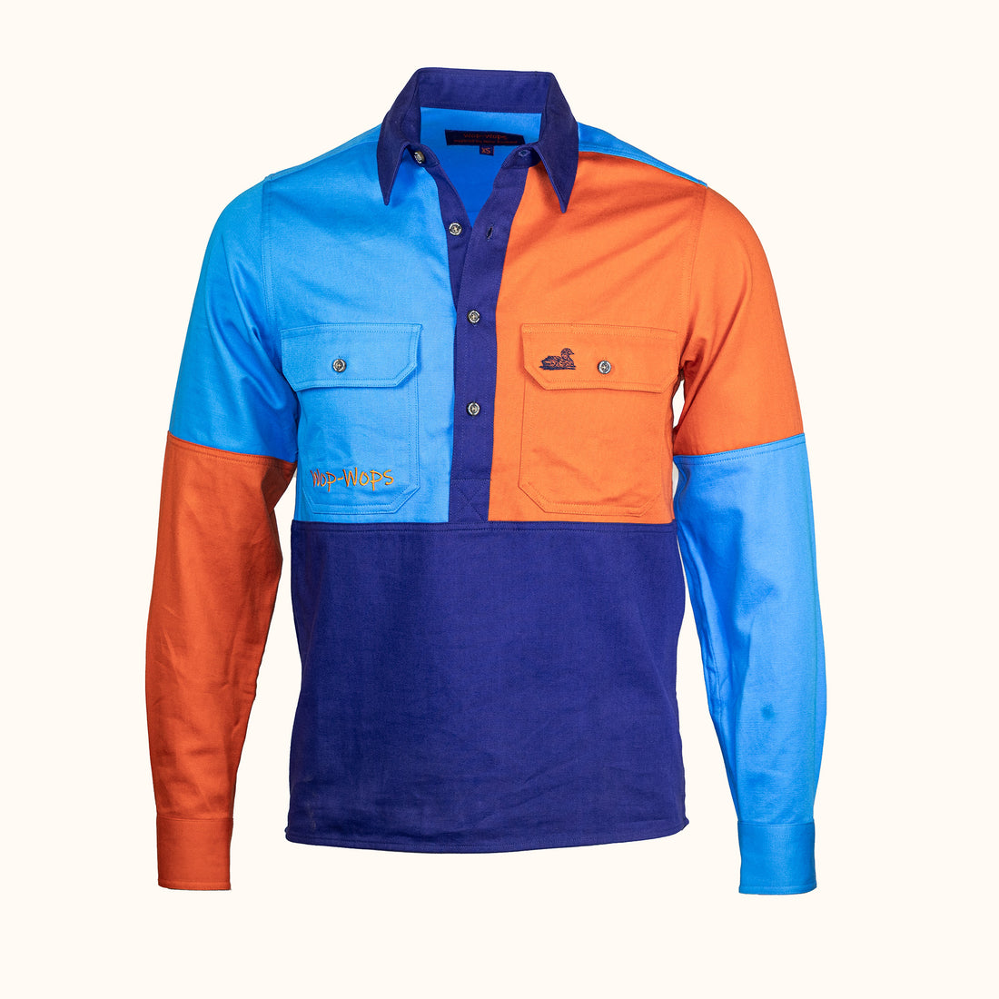 Color-blocked shirt with blue, orange, and navy sections on a white background-Front