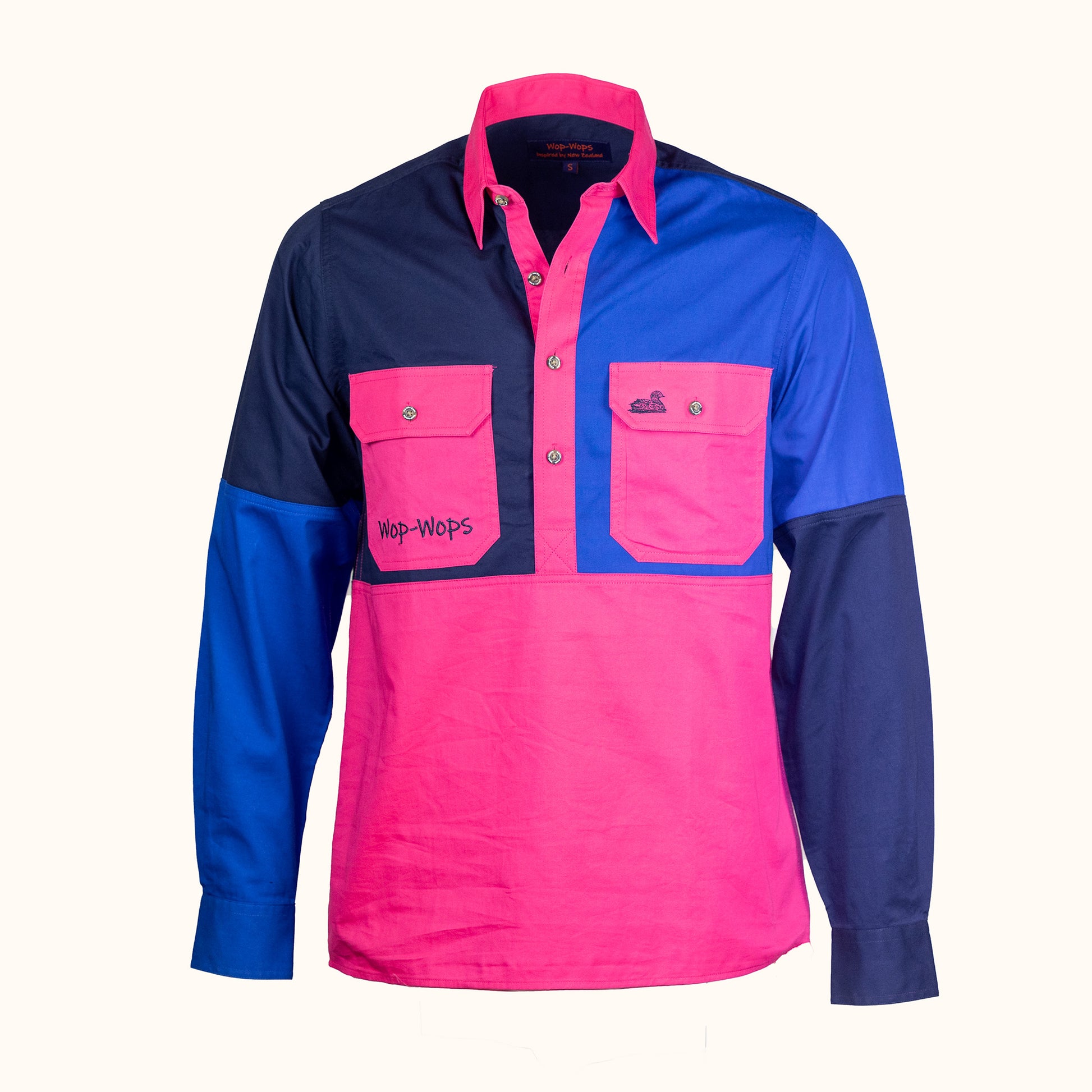 Pink and blue shirt with brand logo on a white background-front