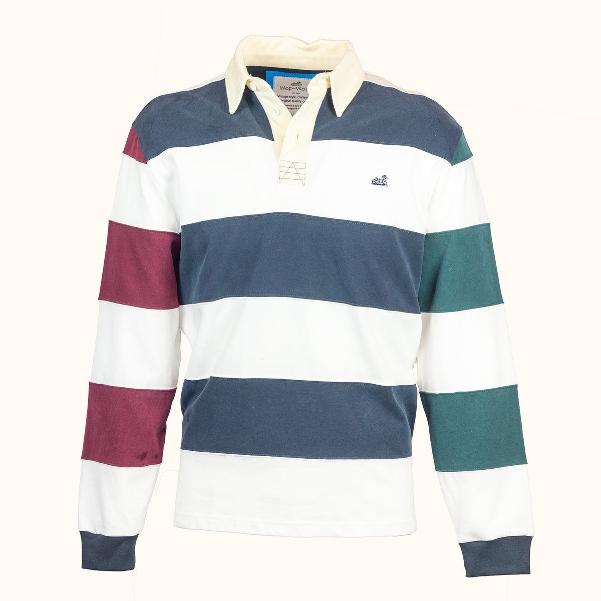 Striped rugby shirt with long sleeves on a white background-front