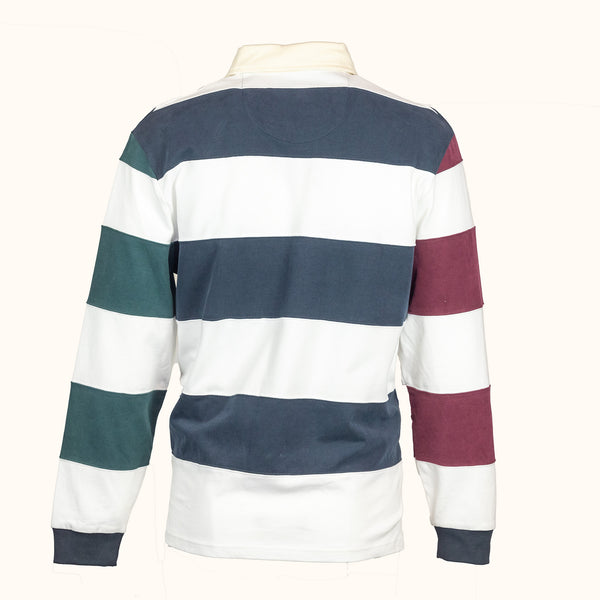 Striped long-sleeve shirt with blue, green, white, and red colors on a white background-back