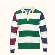 Striped rugby shirt with green, white, and purple colors on a white background