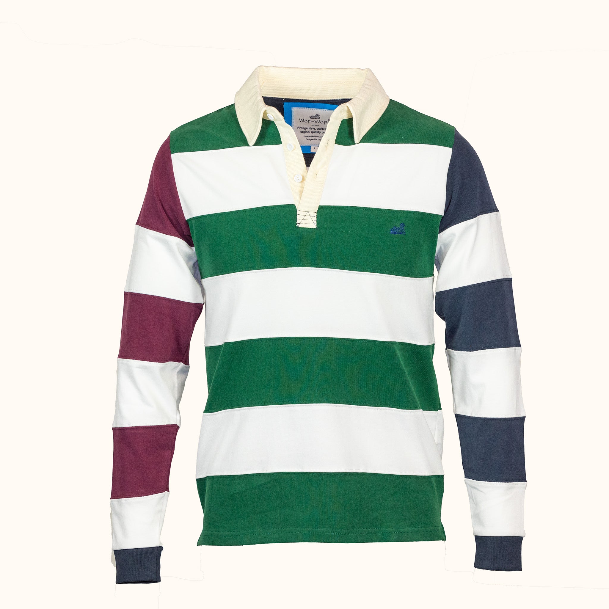 Striped rugby shirt with green, white, and purple colors on a white background