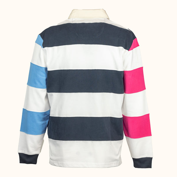 Striped long-sleeve shirt with blue, pink, and white colors on a white background-back