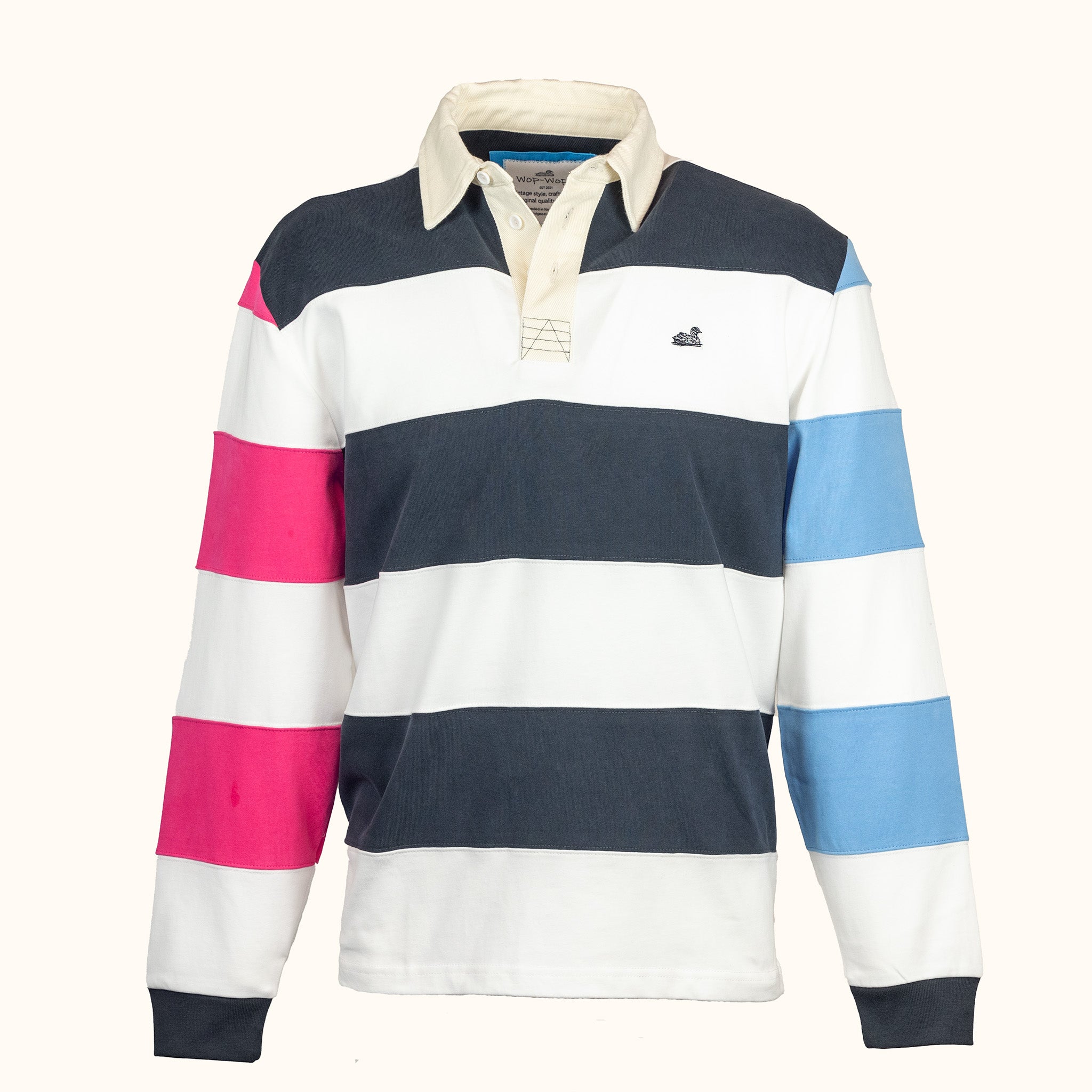 Striped rugby shirt with pink, blue, and white colors on a white background-front