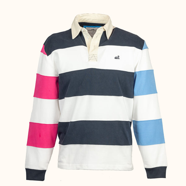 Striped rugby shirt with pink, blue, and white colors on a white background-front