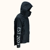 Black hooded waterproof jacket with 'EST 2021' text on a white background