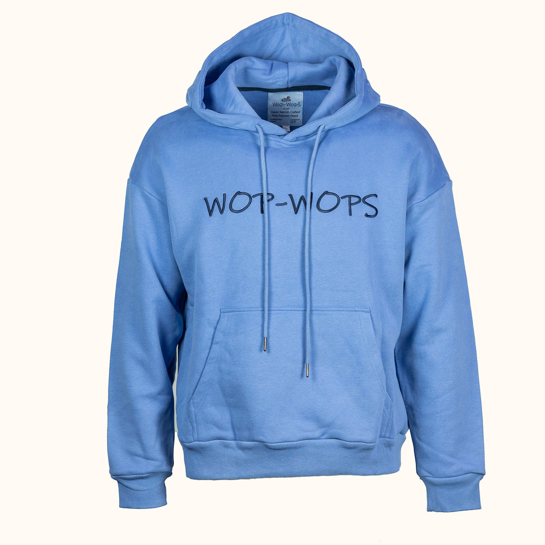 Light blue hoodie with 'WOP-WOPS' text on a white background