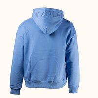 Blue hoodie with 'New Zealand' text on the back against a white background