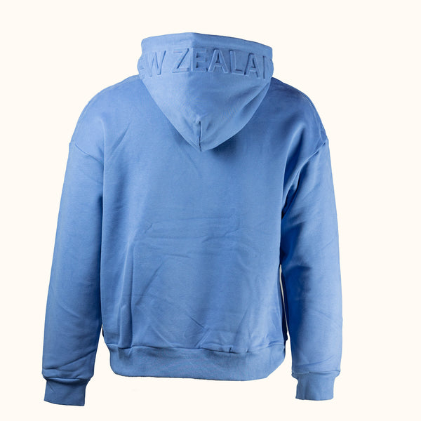 Blue hoodie with 'New Zealand' text on the back against a white background