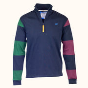 Navy pullover with colorful sleeves on a white background