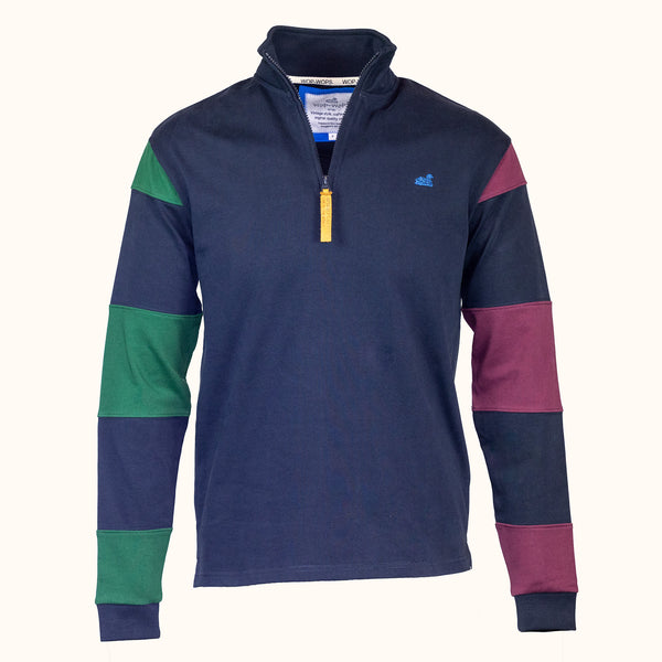 Navy pullover with colorful sleeves on a white background