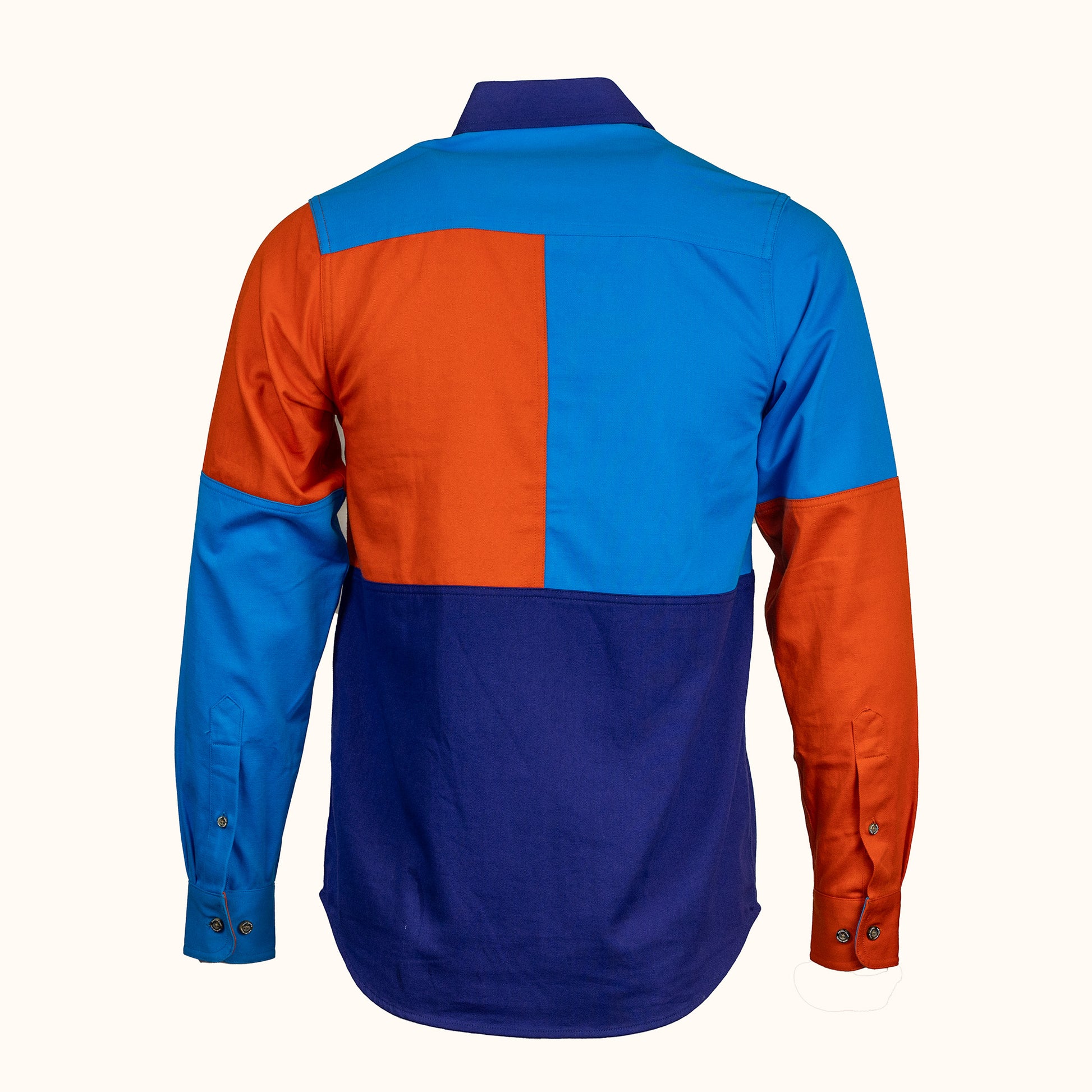 Color-blocked shirt with blue and orange sections on a white background-back