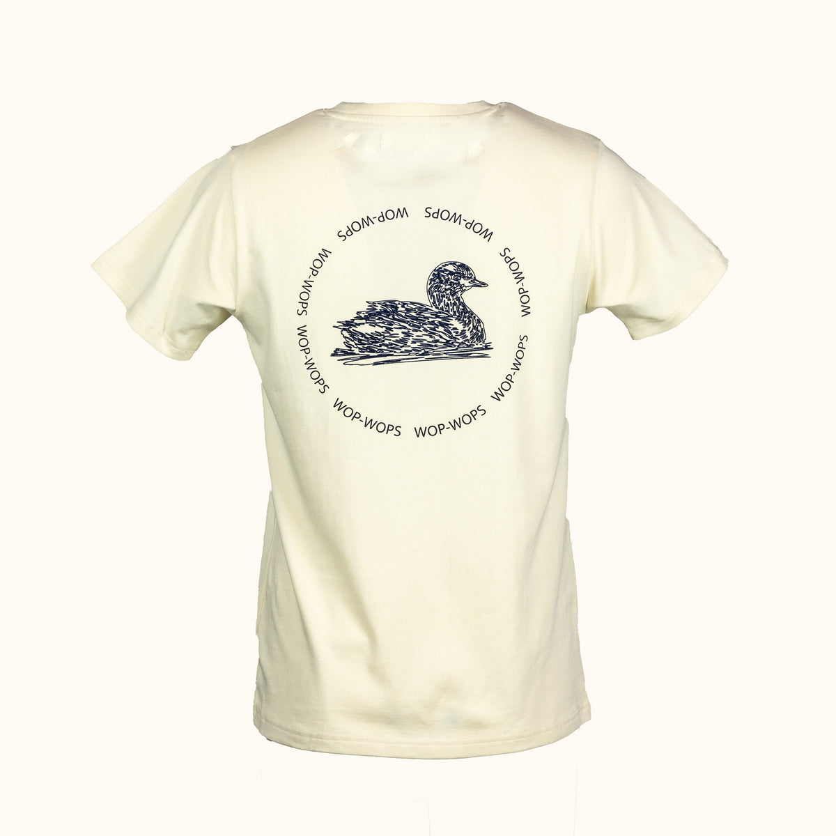 Mens white t-shirt with a graphic design and text on a white background