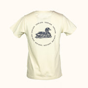 Mens white t-shirt with a graphic design and text on a white background