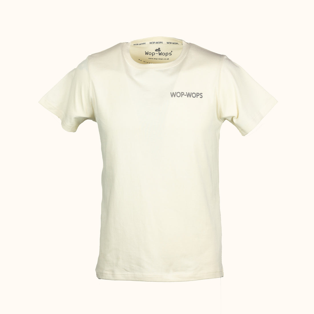 Mens white t-shirt with 'Wop-Wops' branding on a white background