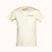 Mens white t-shirt with 'Wop-Wops' branding on a white background
