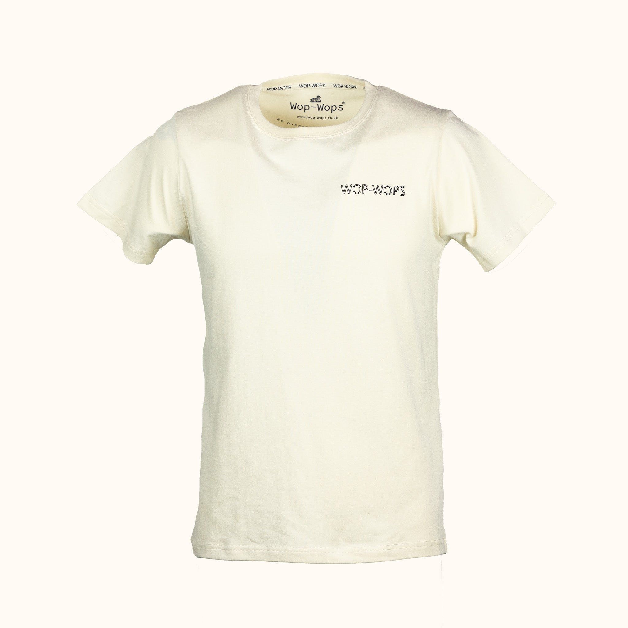 Mens white t-shirt with 'Wop-Wops' branding on a white background