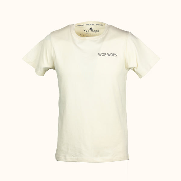 Mens white t-shirt with 'Wop-Wops' branding on a white background