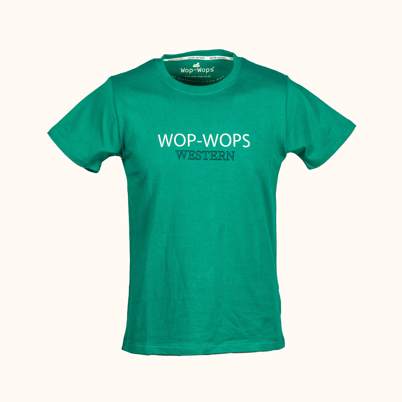 Mens green t-shirt with 'Wop-Wops Western' text on a white background