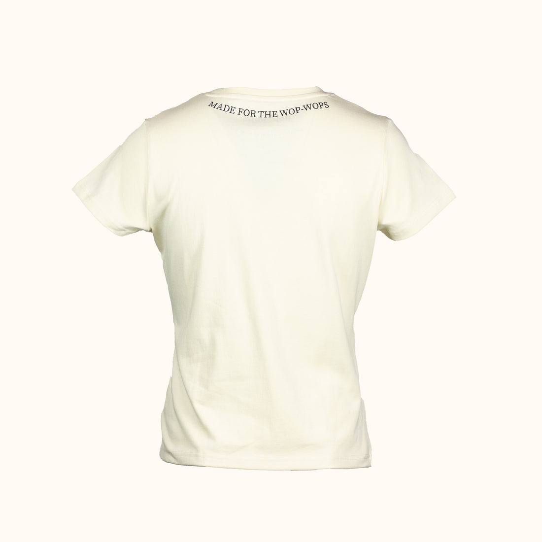 Womens white t-shirt with 'Wop-Wops' branding on a white background