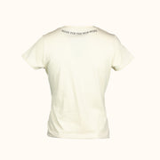 Womens white t-shirt with text on the back against a white background