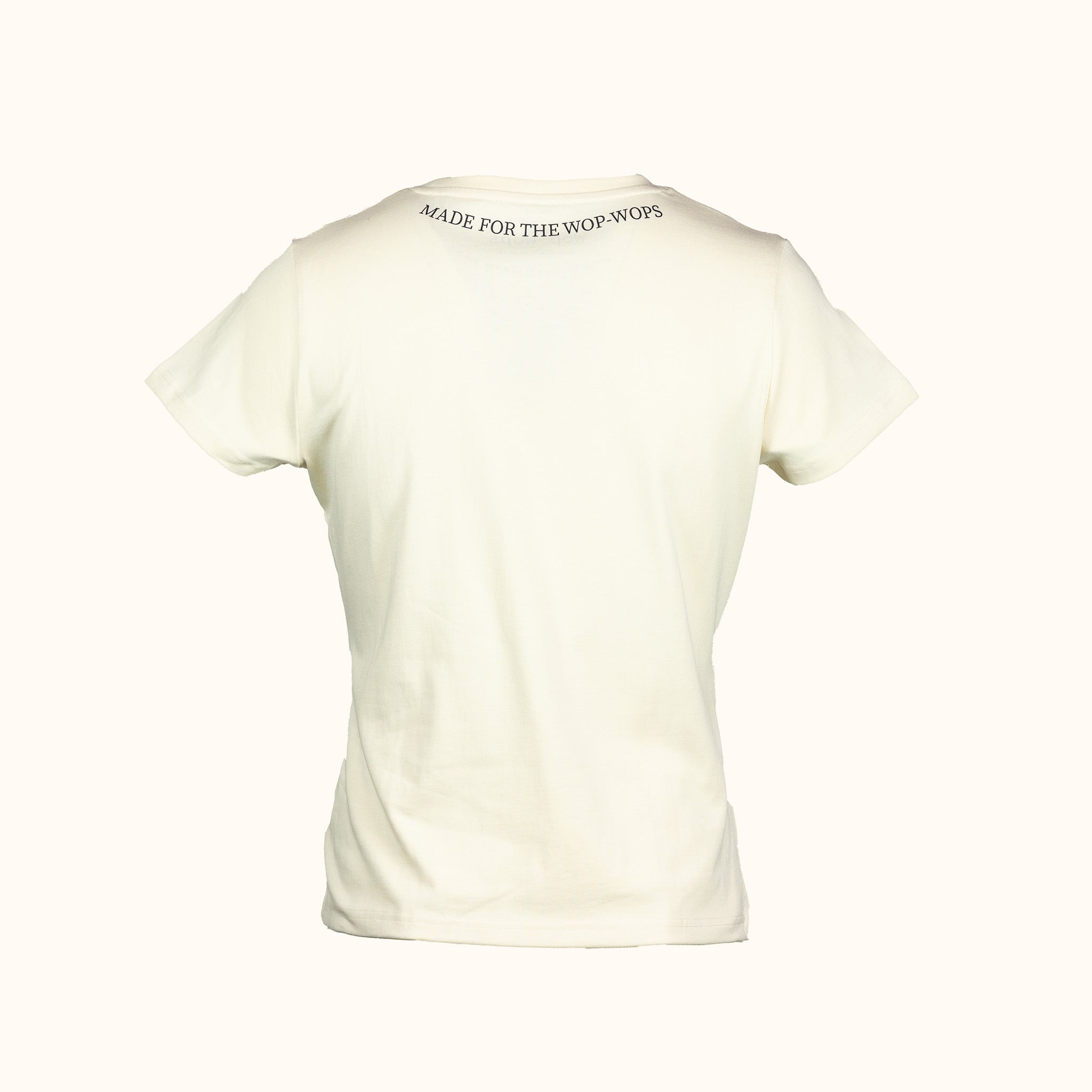 Womens white t-shirt with text on the back against a white background