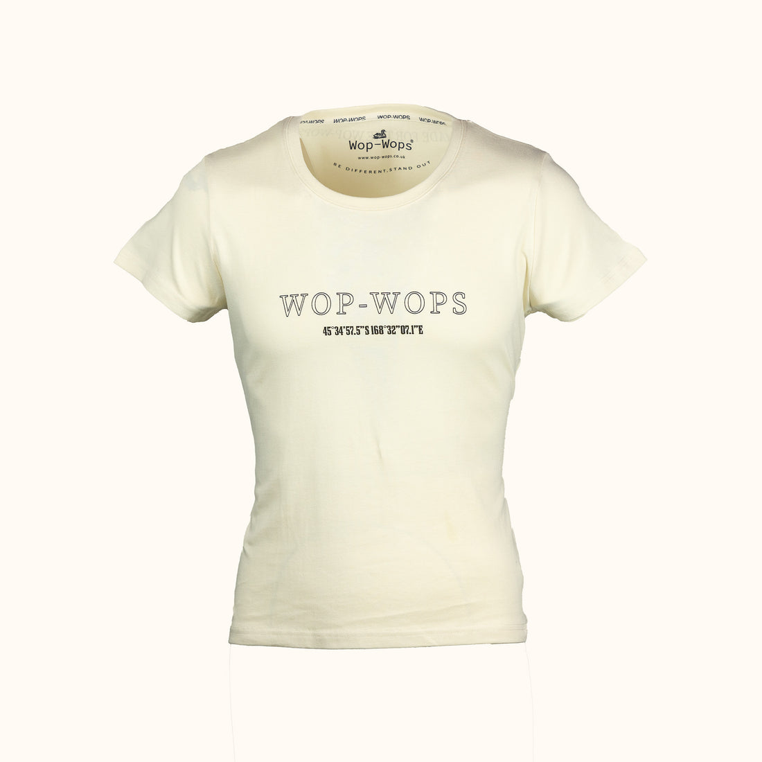 Womens white t-shirt with 'Wop-Wops' branding on a white background