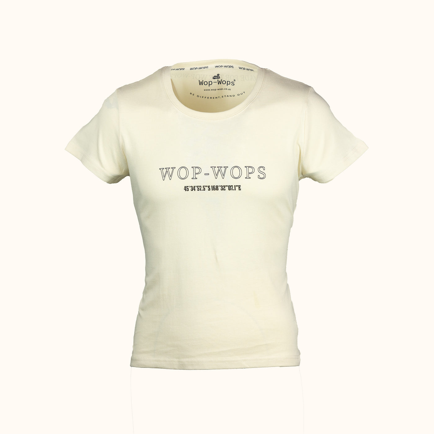 Womens white t-shirt with 'Wop-Wops' branding on a white background