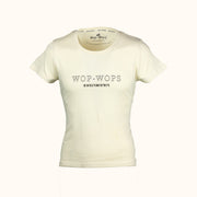 Womens white t-shirt with 'Wop-Wops' branding on a white background