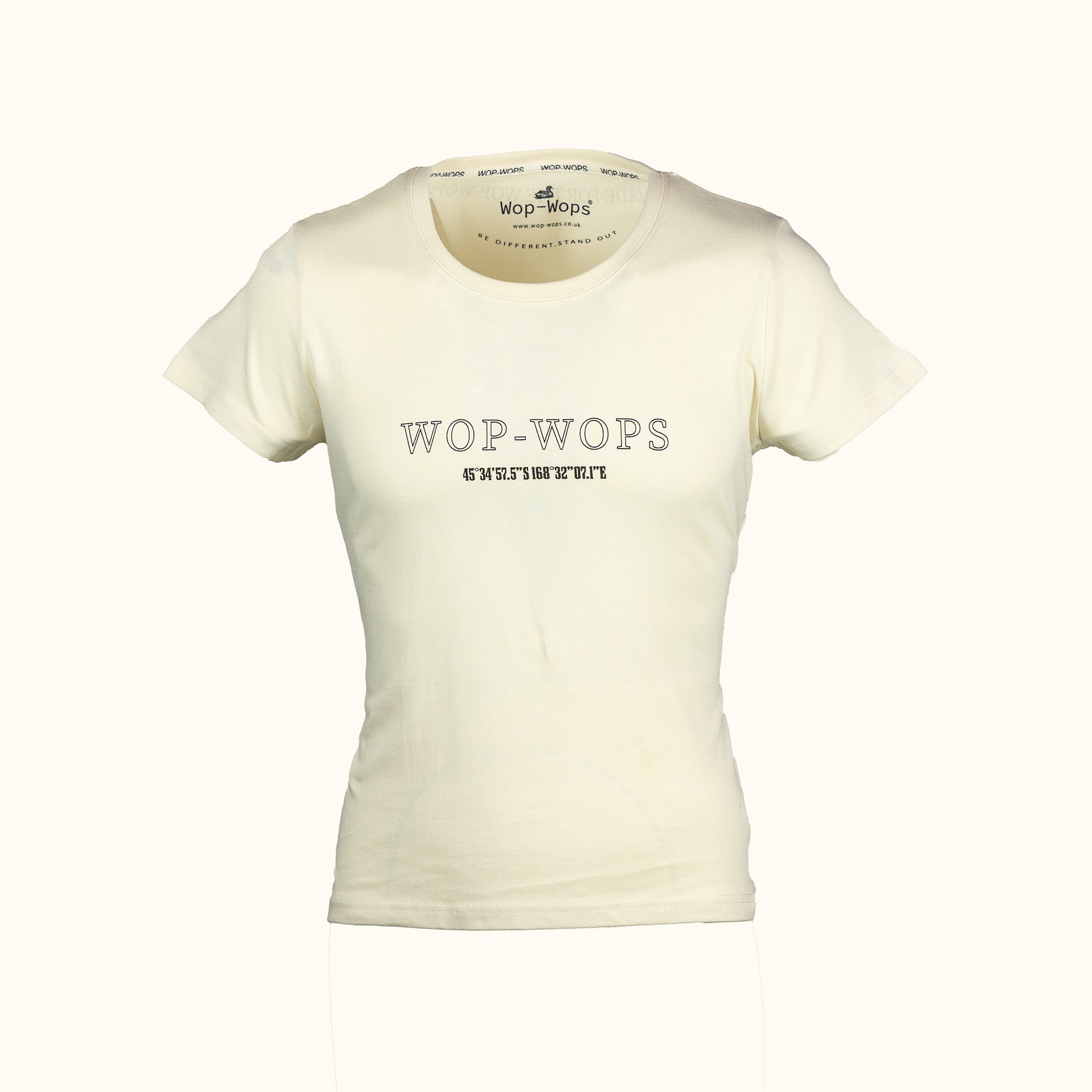 Womens white t-shirt with 'Wop-Wops' branding on a white background