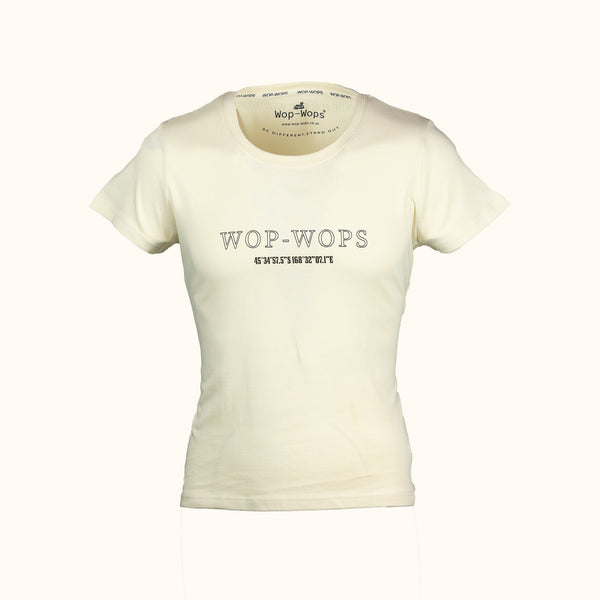 Womens white t-shirt with 'Wop-Wops' branding on a white background