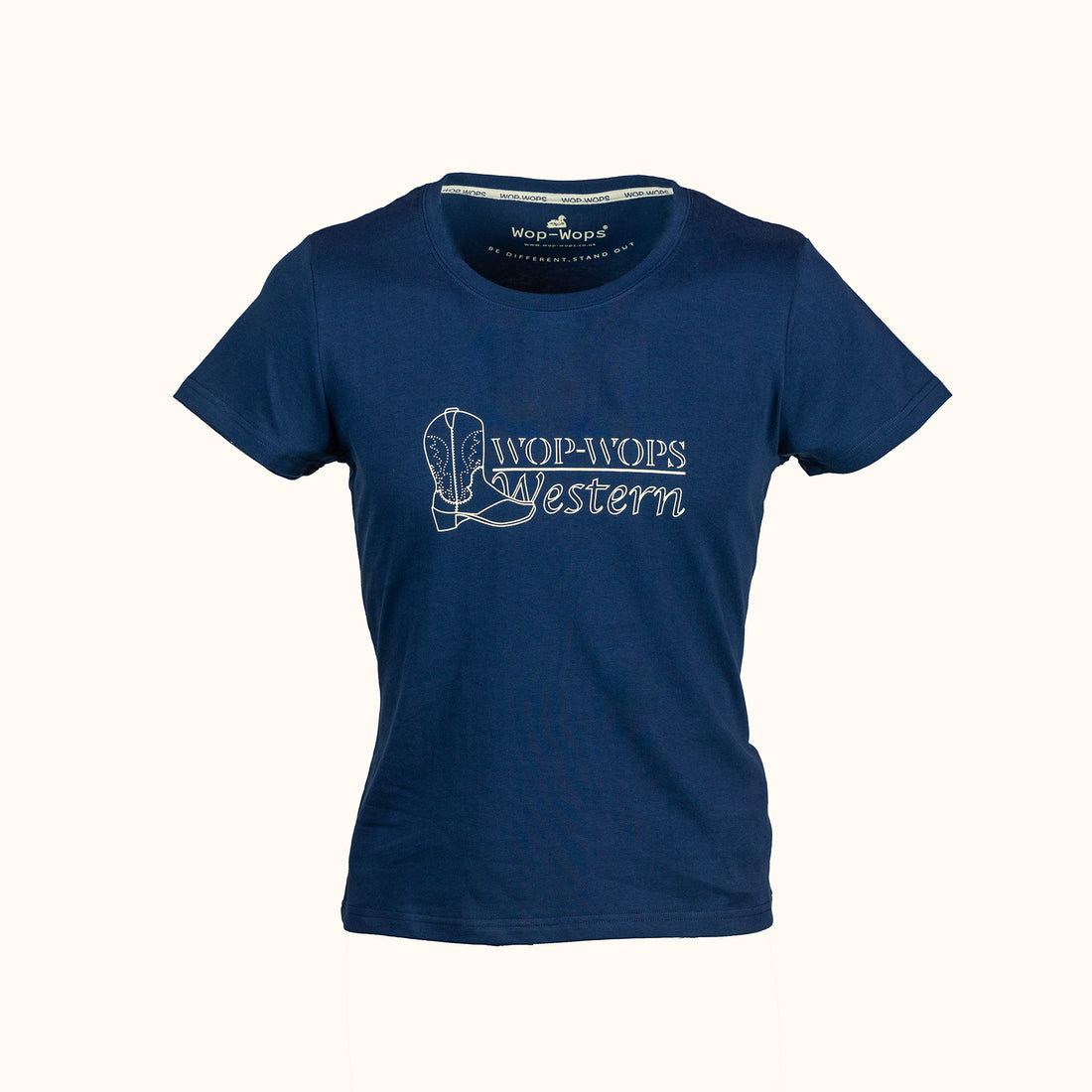 Womens navy blue t-shirt with 'Wop-Wops Western' logo on a white background