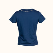 Womens blue t-shirt with text on the back against a white background